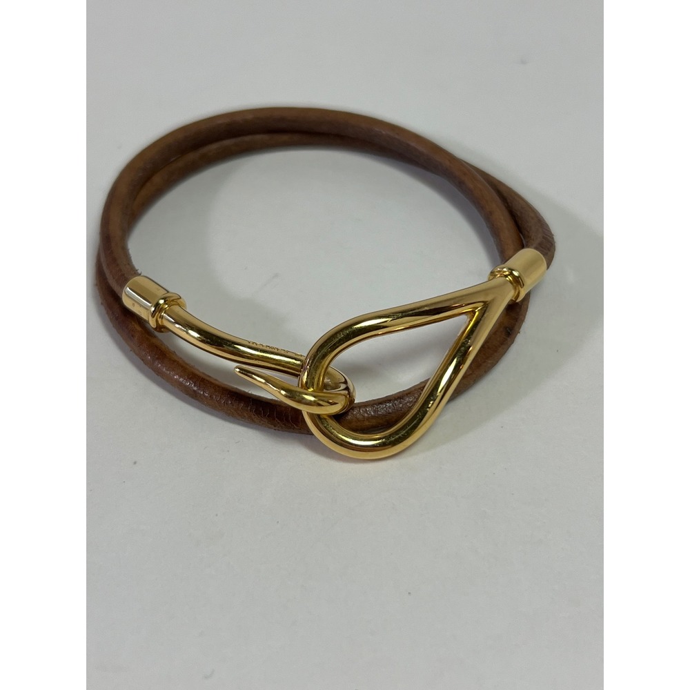 Hermes Jumbo Hook Choker Necklace Bracelet Leather Gold Tone Brown 2 Ways